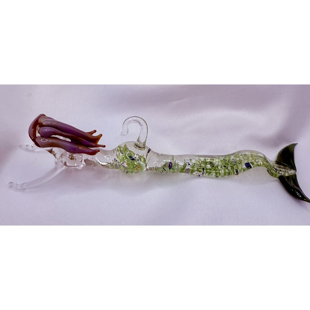 Art Glass Mermaid Ornament Hand Blown Sculpture Hanging Long Hair Swimming
